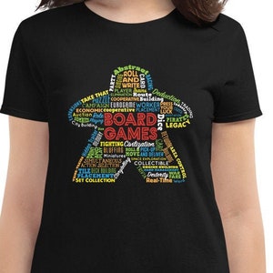 Women&#39;s cut short sleeve t-shirt - Board Game Mechanics Meeple - Types of Board Games Tshirt