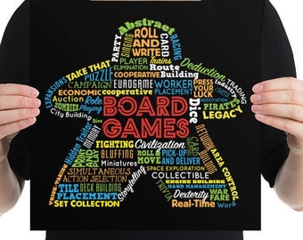 Board Game Mechanics Meeple Print - Types of Board Games Poster - Tabletop and Strategy Gaming Decor - Boardgaming Art for Board Game Geeks