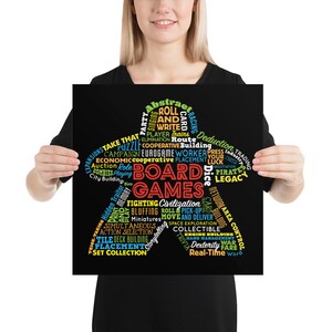 May include: A black and white graphic design of a board game with the words "BOARD GAMES" in the center. The graphic is shaped like a game piece and includes words describing different types of board games, such as "cooperative", "roll and write", "trading", "legacy", "deduction", "dice", "fighting", "civilization", "collectible", "real-time", and "war".
