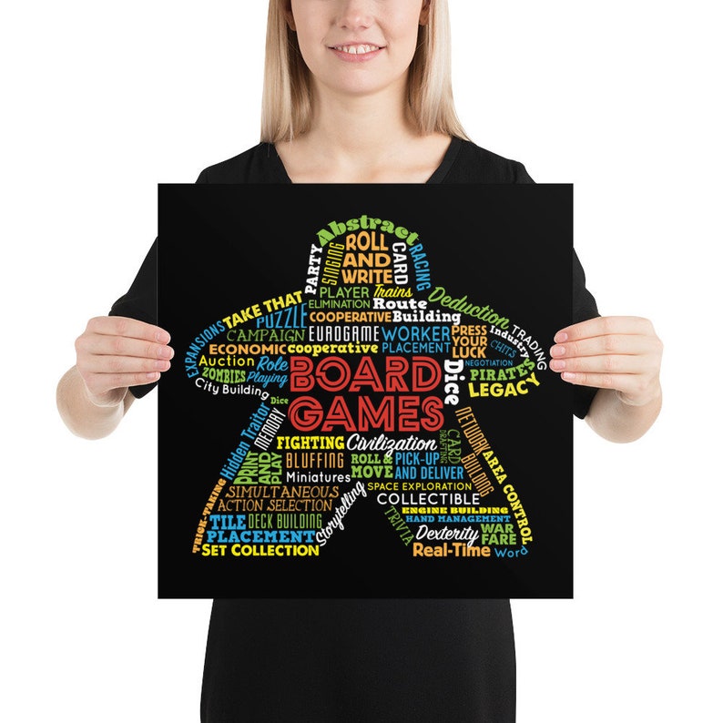 May include: A black and white graphic design of a board game with the words "BOARD GAMES" in the center. The graphic is shaped like a game piece and includes words describing different types of board games, such as "cooperative", "roll and write", "trading", "legacy", "deduction", "dice", "fighting", "civilization", "collectible", "real-time", and "war".