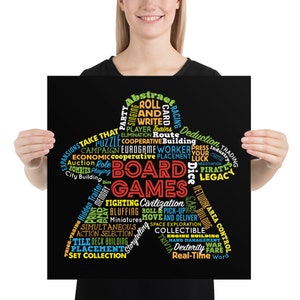 May include: A black poster with a colorful word cloud in the shape of a dice. The words are related to board games, such as "roll", "card", "dice", "player", "cooperative", "strategy", "action", "space exploration", "engine building", "real-time", and "war".