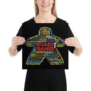 May include: A black poster with a word cloud of terms related to board games. The words are arranged in the shape of a game piece and are in various colors, including yellow, green, blue, and red.