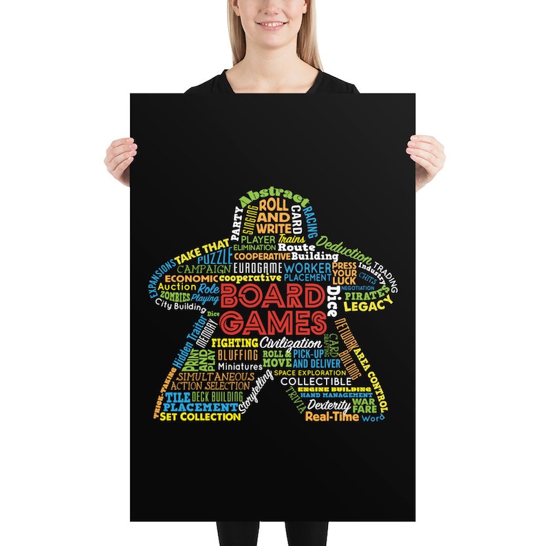 May include: A black poster with a word cloud of different types of board games. The word cloud is shaped like a person. The words are in different colors, including green, yellow, blue, and red.