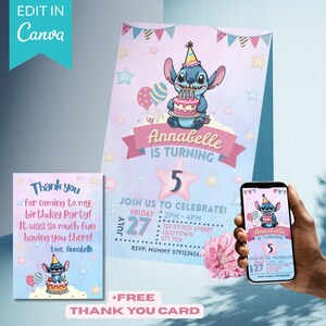 以下が含まれることがあります： 青い漫画のキャラクターがケーキを持っている誕生日パーティーの招待状で、「Annabelle is turning 5」というテキストが入っています。お揃いのサンキューカードも含まれています。招待状は星と風船で飾られています。