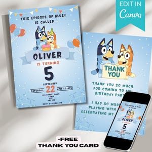Editable Bluey Birthday Invitation  Canva Template  Instant Download  Bluey Party Invite  Printable Digital Invite for Kids Cute 3rd 4th 5th