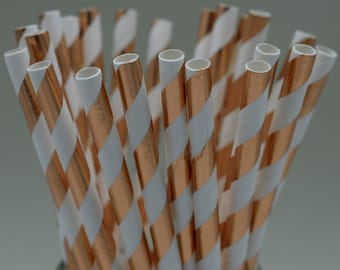 Party Wedding Birthday ~ UK Metallic Rose Gold Stripy Paper Drinking Straws