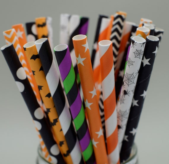 Halloween Straws Striped Paper Straws Orange Black NEW 25 pack