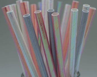 25 x Iridescent mix paper straws biodegradable drinking birthday party striped unicorn / mermaid mix white pink silver green blue UK stock