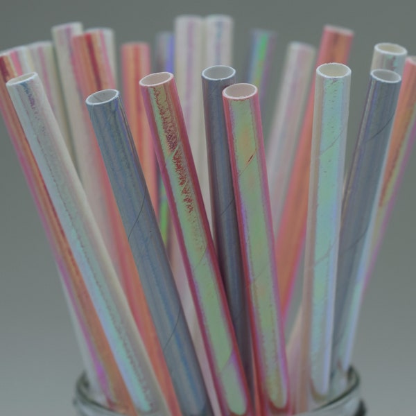 25 x Iridescent mix paper straws biodegradable drinking birthday party striped unicorn / mermaid mix white pink silver green blue UK stock