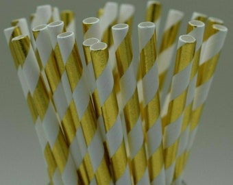 25 x Foil gold paper straws biodegradable drinking birthday party wedding star striped UK Supplier cake pop