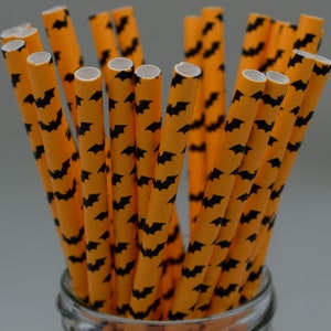 25 x Halloween paper straws biodegradable drinking birthday party striped star bat black orange UK Supplier cake pop image 2