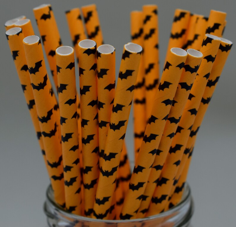 25 x Halloween paper straws biodegradable drinking birthday party striped star bat black orange UK Supplier cake pop image 2