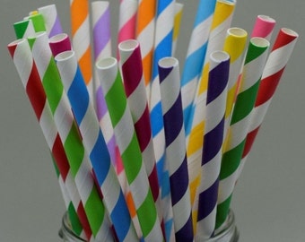 25 x Striped paper straws red blue green yellow pink purple orange biodegradable drinking birthday party wedding UK Supplier cake pop