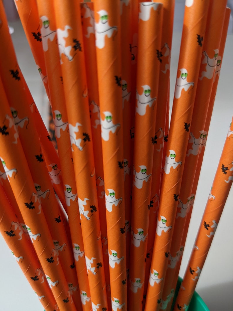 25 x Halloween paper straws biodegradable drinking birthday party striped star bat black orange UK Supplier cake pop image 8