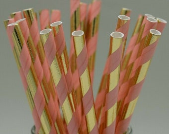 25 x Coloured gold foil striped paper straws biodegradable drinking birthday party wedding UK Supplier cake