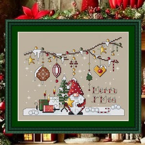 Christmas GNOME- Cross Stitch Pattern – Nordic Santa with Gifts, Tree and Ornaments – Modern Xmas Embroidery PDF