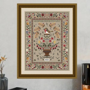 SAMPLER with the bird- Cross stitch pattern PDF Instant Download Bird cross stitch pattern Primitive cross stitch pattern.