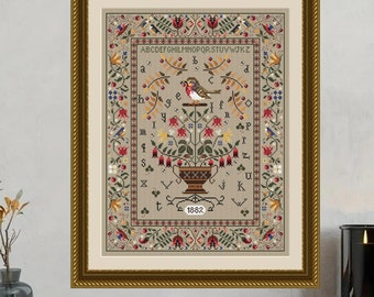 SAMPLER with the bird- Cross stitch pattern PDF Instant Download Bird cross stitch pattern Primitive cross stitch pattern.