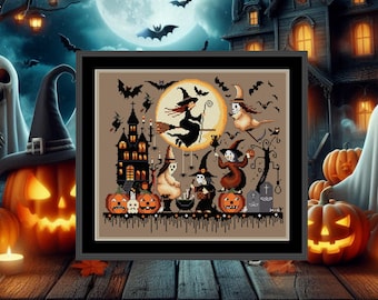 Halloween Cross Stitch Pattern PDF – Witches, Ghosts & Pumpkins in Moonlight – Autumn Embroidery Design