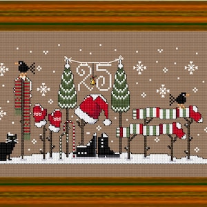 25th December Cross Stitch Pattern – Primitive Christmas Scene with Cat, Mittens, Trees and Snowflakes – Rustic Modern Holiday PDF Design