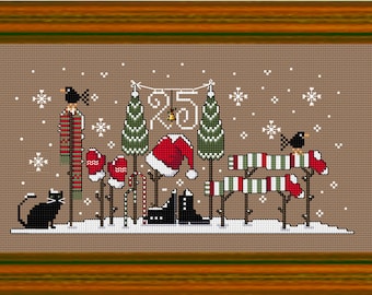 Patrón de punto de cruz del 25 de diciembre: Escena navideña primitiva con gato, guantes, árboles y copos de nieve – Diseño PDF rústico moderno para las fiestas