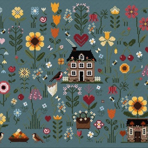 May include: A cross-stitch pattern featuring a whimsical cottage with a red heart, surrounded by a colorful garden with flowers, birds, and bees. The design is on a blue background.