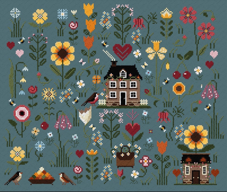 May include: A cross-stitch pattern featuring a whimsical cottage with a red heart, surrounded by a colorful garden with flowers, birds, and bees. The design is on a blue background.