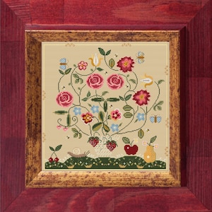 Vase with flowers, butterflies and bees - cross stitch primitive PDF