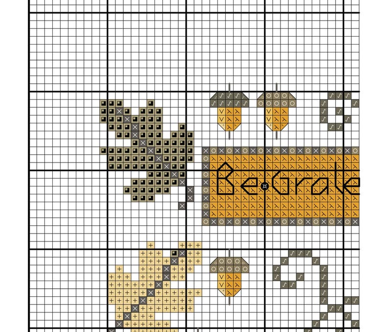 May include: Cross-stitch pattern featuring a squirrel, acorns, and the words "Be Grateful" in a rustic, fall-themed design. The design uses shades of brown, gold, and gray on a white background, perfect for autumn decor.