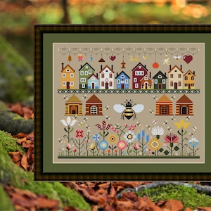 Patrón de punto de cruz - Flores, Abejas, Mariposas y Casas - Patrón floral primitivo. Descarga instantánea en PDF digital de alta calidad.