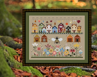 Cross-stitch pattern - Sampler Flowers, Bees, Butterflies, and Houses - Primitive Floral pattern. Instant high-quality digital PDF download.
