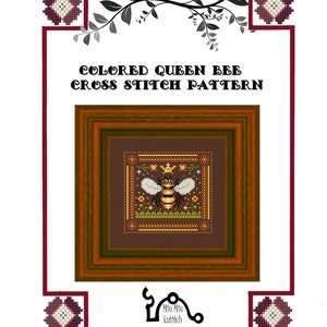 Colored queen bee pattern- Colored bee cross stitch pattern- pdf
