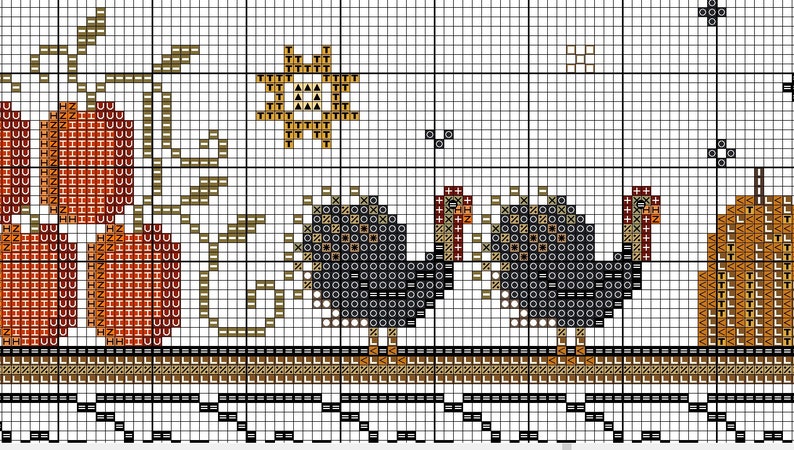 May include: Cross stitch pattern featuring two turkeys, pumpkins, and a sun. The turkeys are black and white with red heads. The pumpkins are orange and brown. The sun is yellow and brown.
