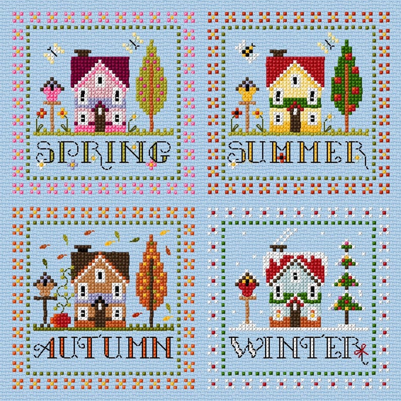 Four Seasons Cross Stitch Pattern – Country Style PDF With Cute Houses ...