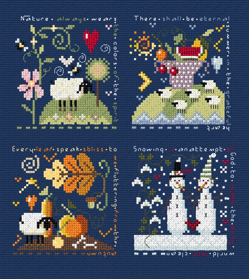 Four Seasons- Cross Stitch Pattern Primitive . 4 Seasons Cross Stitch ...