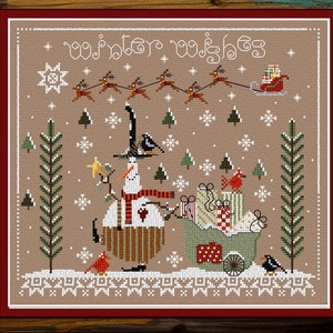 Peut inclure: Motif de point de croix sur le thème de l'hiver. Un bonhomme de neige avec une baguette étoilée et une écharpe tire une charrette de cadeaux. Au-dessus, des rennes tirent un traîneau avec le Père Noël. Les mots "Winter Wishes" sont en haut.