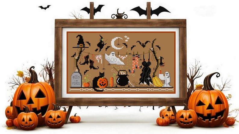 May include: A cross-stitch pattern depicting a Halloween scene with a black cat, a ghost, and witches hanging laundry on a clothesline. The text "Rest in Peace" is on a tombstone.