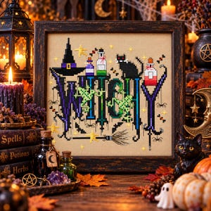 Witchy Halloween Cross Stitch Pattern PDF- Funny Witch Embroidery- Spooky Gothic Counted Cross Stitch - Halloween Decor