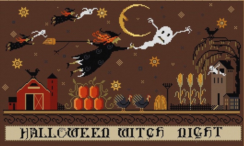 May include: A brown and gold cross-stitch pattern with a witch flying on a broomstick, a ghost, a farmhouse, pumpkins, and the text "HALLOWEEN WITCH NIGHT".