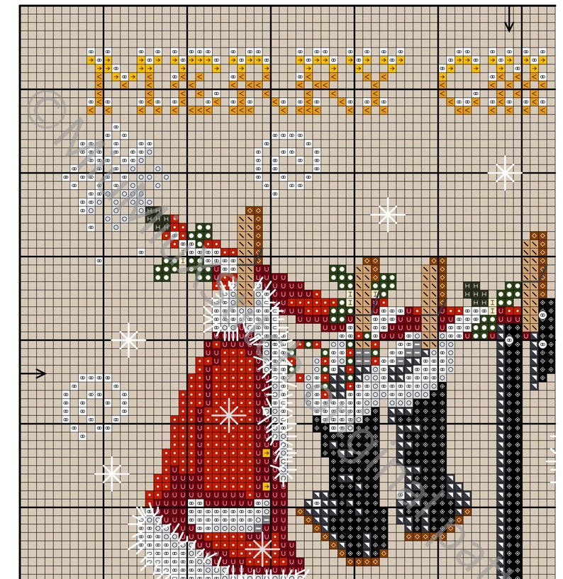 Puede incluir: Patr&oacute;n de punto de cruz con Santa Claus y un reno con el texto "Merry & Bright" encima. El patr&oacute;n est&aacute; sobre un fondo beige con copos de nieve blancos.
