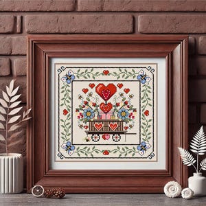 Cross Stitch Pattern- Cart with Hearts and Flowers for Valentine's Day -digital file pdf