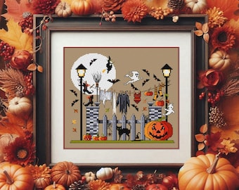 Halloween Haunted Fence Cross Stitch Pattern – Ghosts, Bats, Pumpkin & Black Cat Sampler