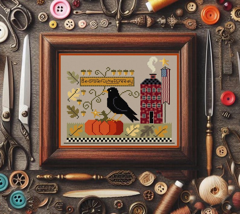 Celebrate the spirit of Thanksgiving with this charming fall-themed cross stitch pattern. Featuring a black crow perched on two pumpkins, surrounded by autumn leaves, acorns, and a colonial-style red house with an American flag, this design evokes warmth, gratitude, and rustic Americana.