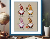 Gnome Cross Stitch Pattern PDF – Four Seasons Embroidery – Cute Printable Chart – Beginner DIY Wall Art Spring Summer Fall Winter