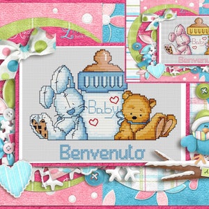 Ternura bordada em Ponto Cruz para recém-nascidos: Coelhinhos, Ursinhos e Mamadeiras - molde em PDF