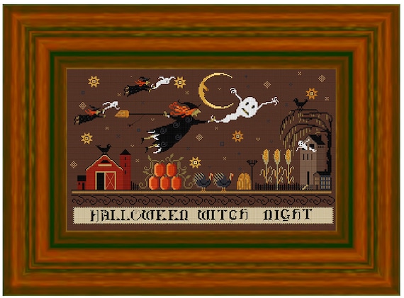 Halloween Witch Night Cross Stitch Pattern PDF – Spooky Witch Embroidery Design, Easy Halloween PDF