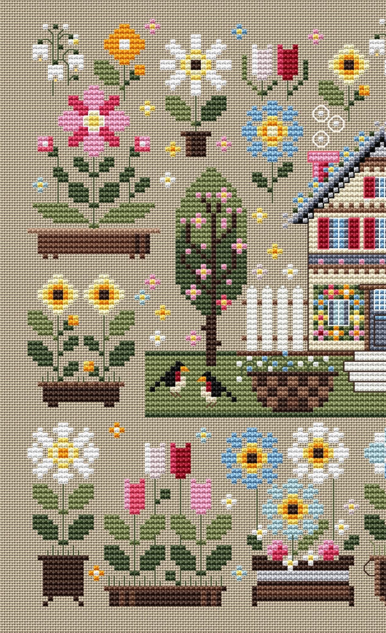 Primitive Spring Cross Stitch Sampler Pattern PDF – Floral Cottage ...