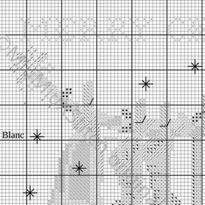 Puede incluir: Patr&oacute;n de punto de cruz en blanco y negro con la palabra "Blanc" y un s&iacute;mbolo de estrella. El patr&oacute;n incluye una variedad de puntos, como punto atr&aacute;s, punto de cruz y nudos franceses.