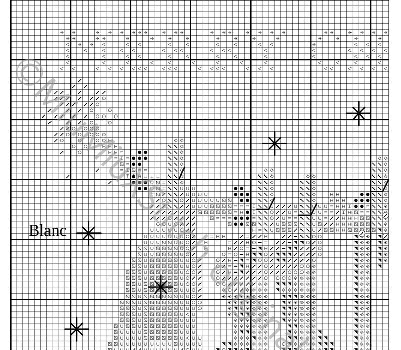 Puede incluir: Patr&oacute;n de punto de cruz en blanco y negro con la palabra "Blanc" y un s&iacute;mbolo de estrella. El patr&oacute;n incluye una variedad de puntos, como punto atr&aacute;s, punto de cruz y nudos franceses.