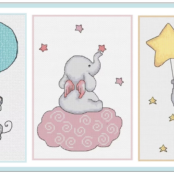 PDF digital cross stitch pattern 3 little elephants + balloons, Little elephants, baby embroidery cover, cross stitch